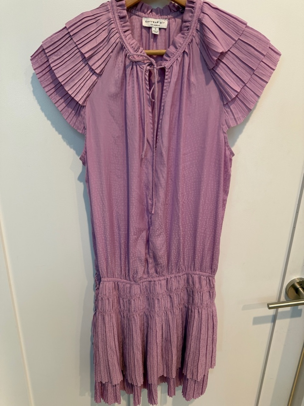 Current Air Mauve Tie-Neck Pleated Sleeve Mini Dress